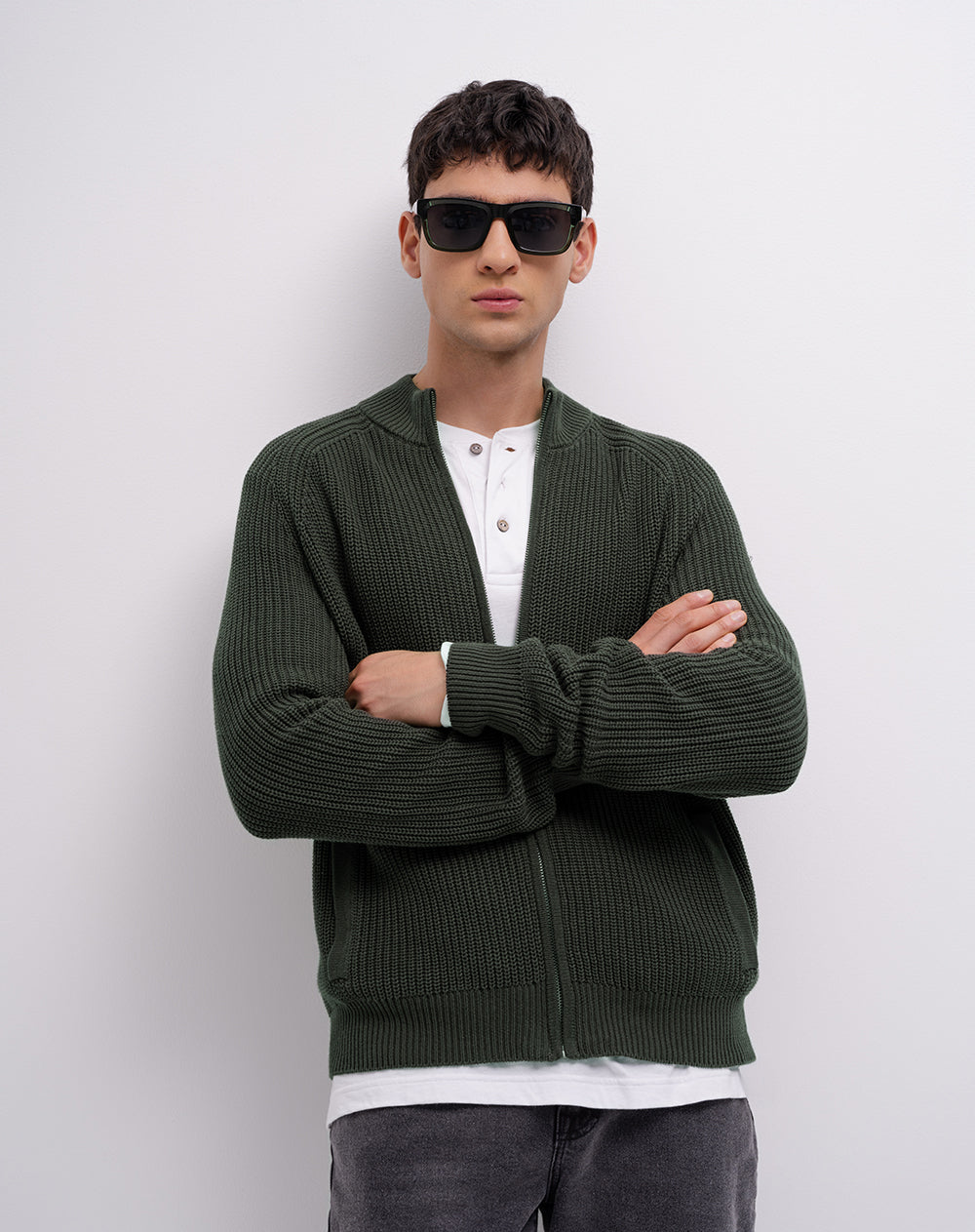 Suéter regular tejido de punto algodón verde hombre