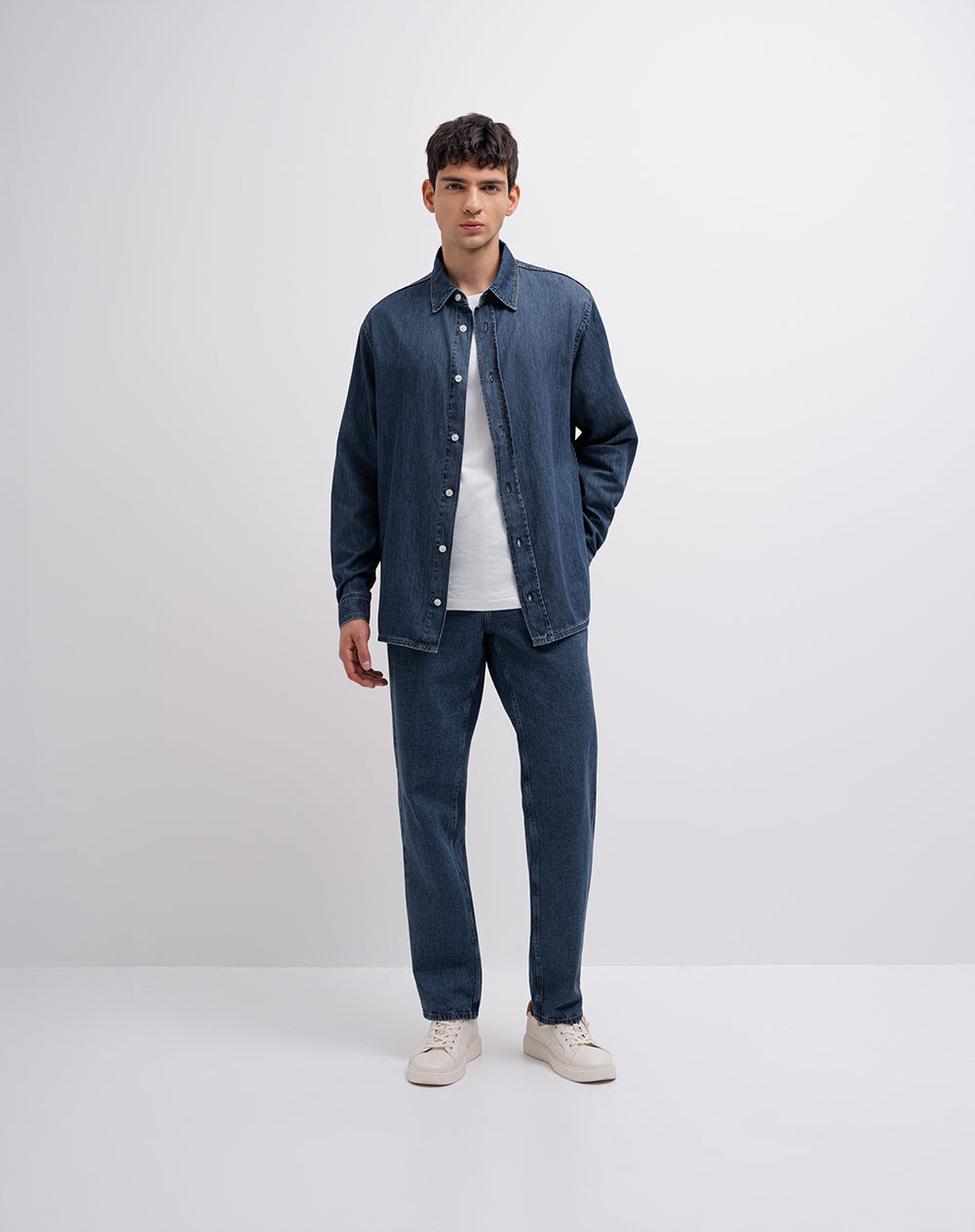 Camisa manga larga regular algodón índigo medio hombre