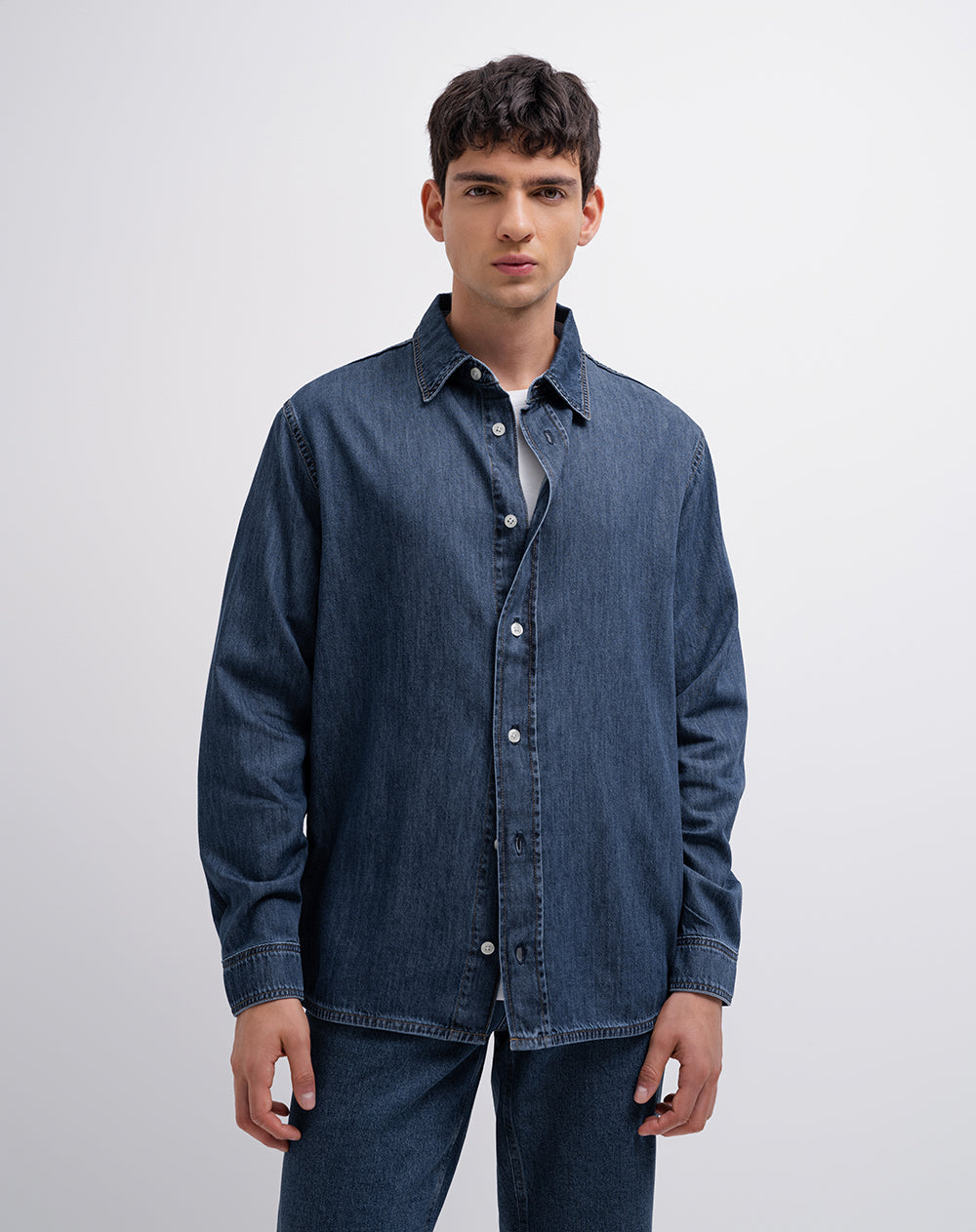 Camisa manga larga regular algodón índigo medio hombre