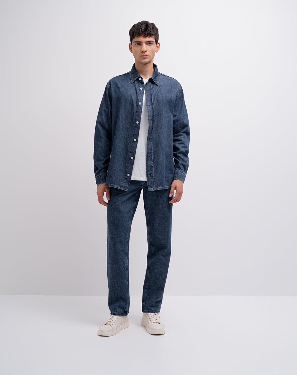 Camisa manga larga regular algodón índigo medio hombre