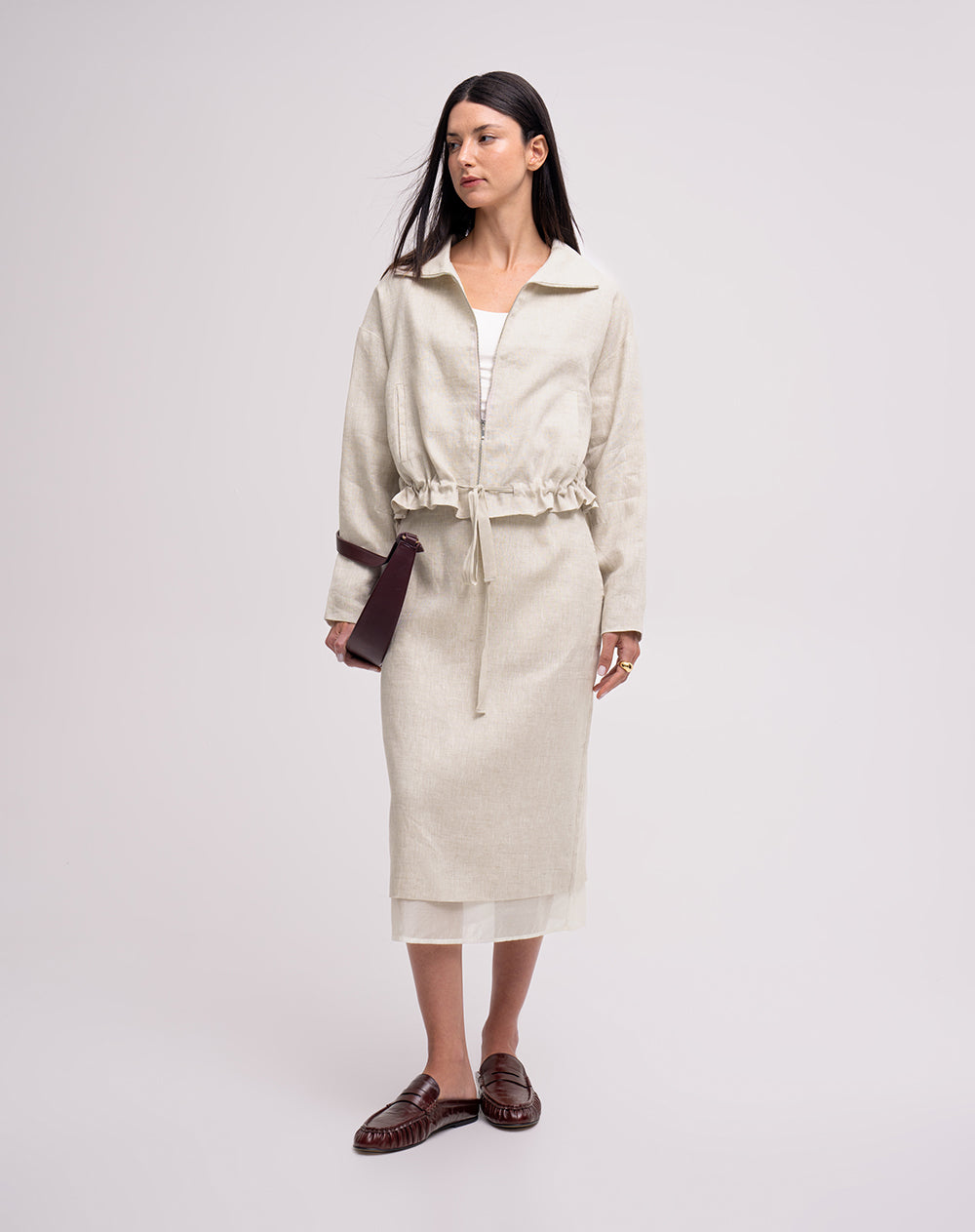 Chaqueta loose cuello alto en lino habana mujer