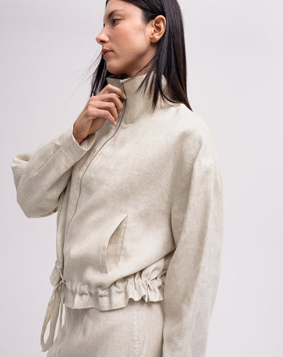 Chaqueta loose cuello alto en lino habana mujer