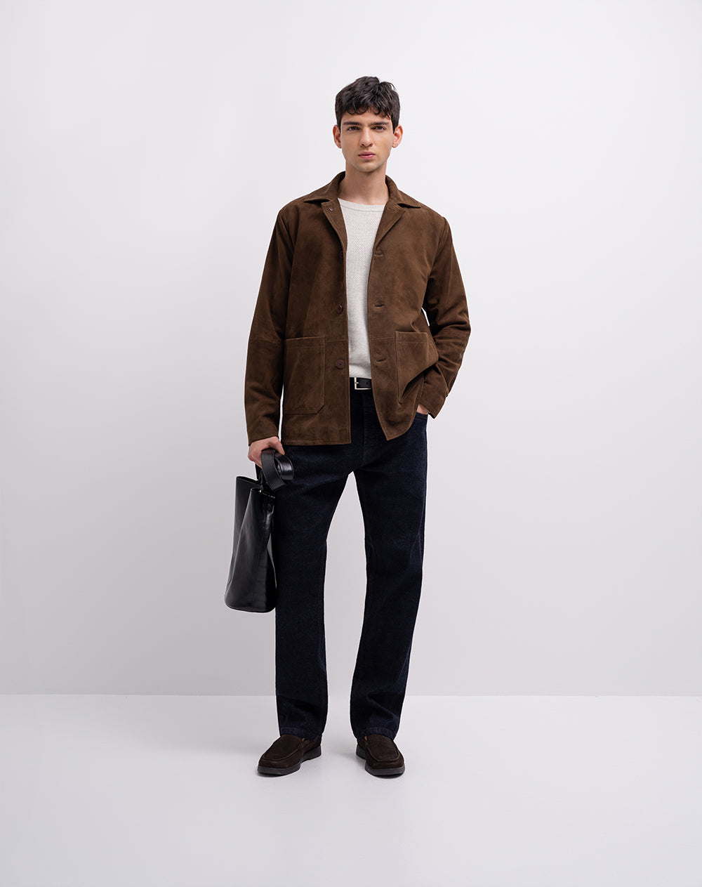 Chaqueta regular cuero gamuza café hombre