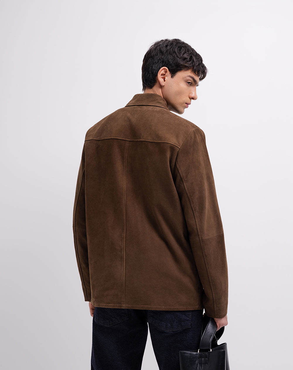 Chaqueta regular cuero gamuza café hombre