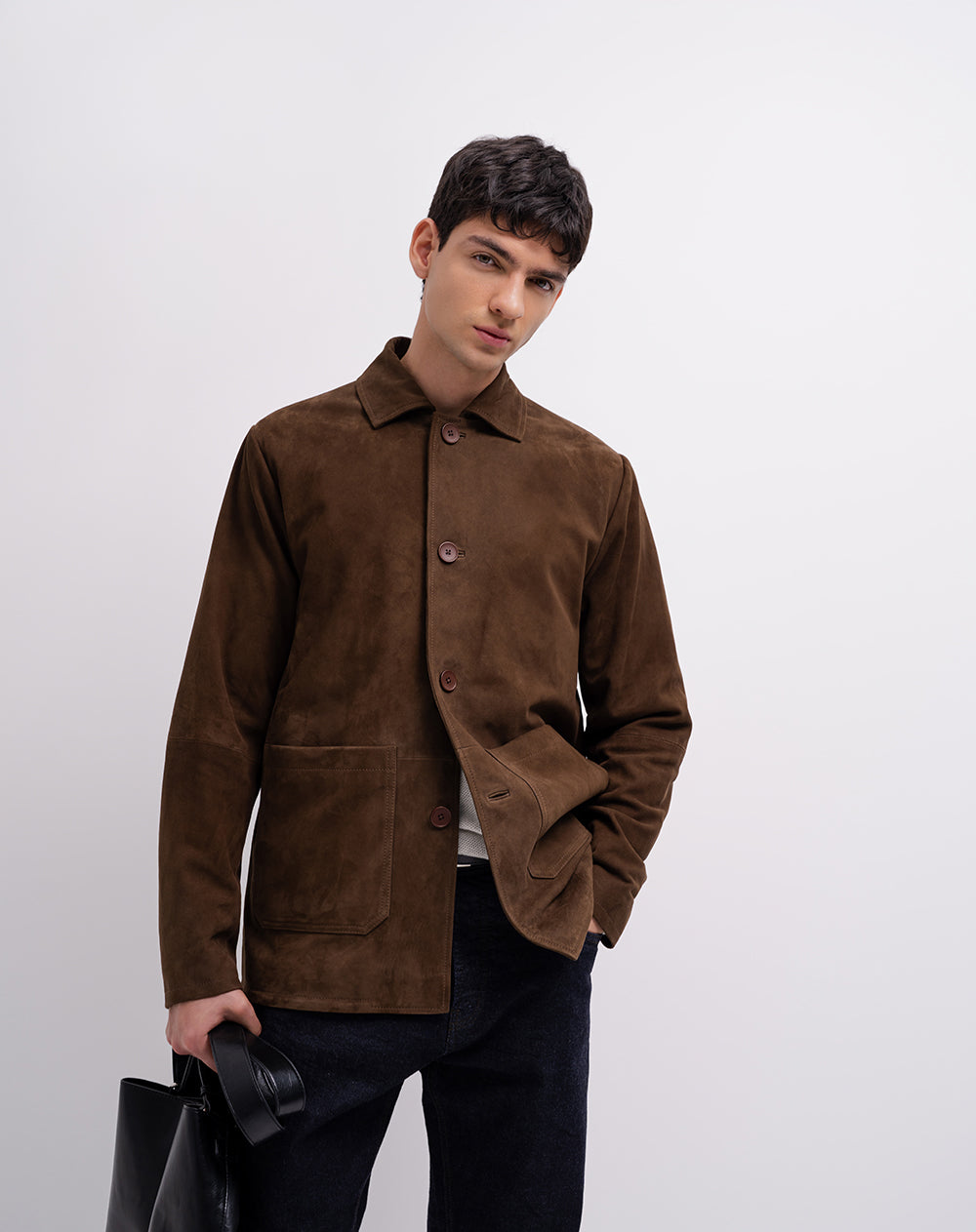Chaqueta regular cuero gamuza café hombre