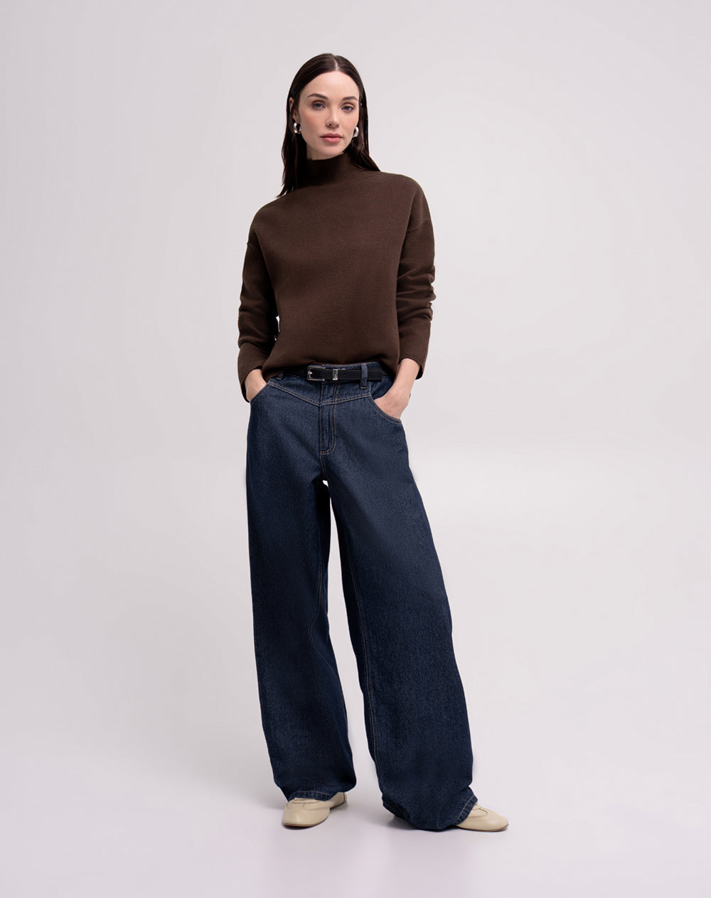 Suéter regular tejido de punto café mujer