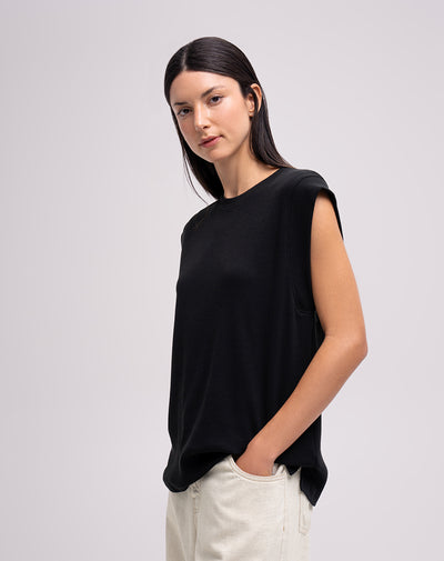 Camiseta regular rib algodón negra mujer