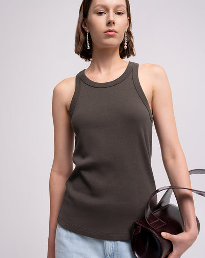Camiseta esqueleto regular rib algodón café mujer