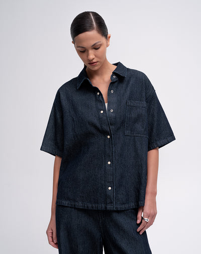 Camisa manga corta regular índigo oscuro mujer