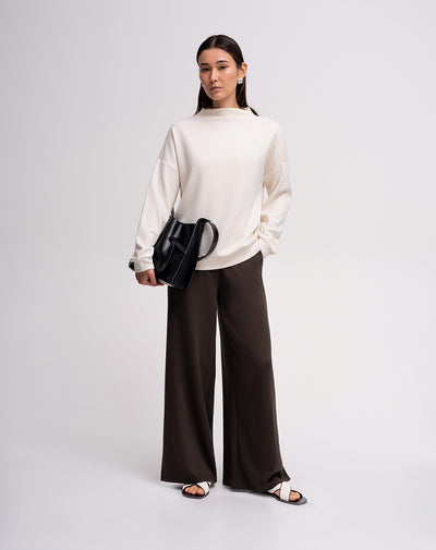 Pantalón confort tiro alto tacto suave chocolate mujer