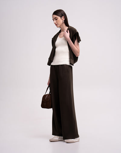 Pantalón confort tiro alto tacto suave chocolate mujer