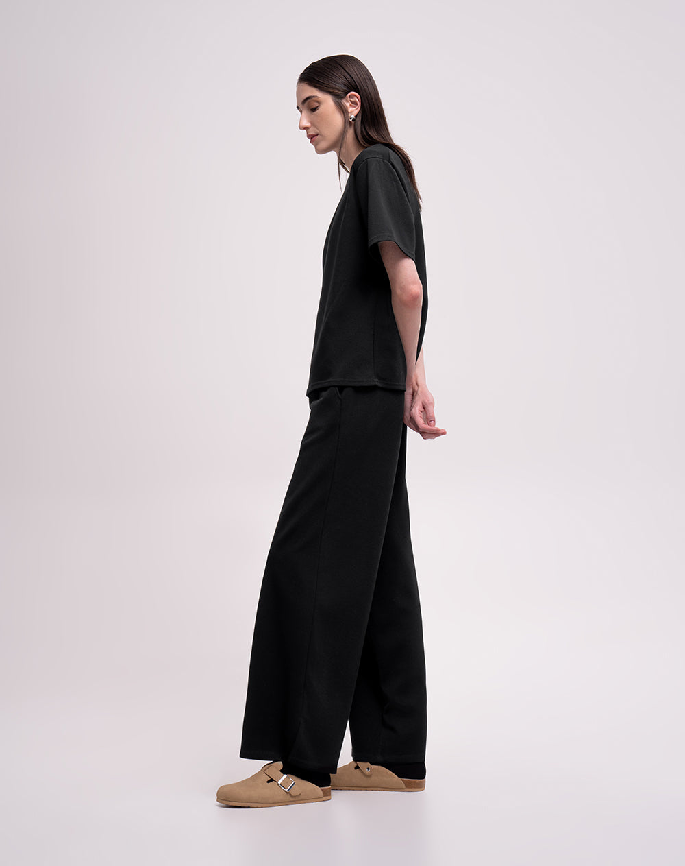 Pantalón confort tiro alto tacto suave negro mujer