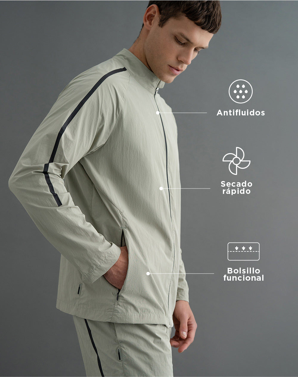 Chaqueta rompevientos sin capucha verde para hombre