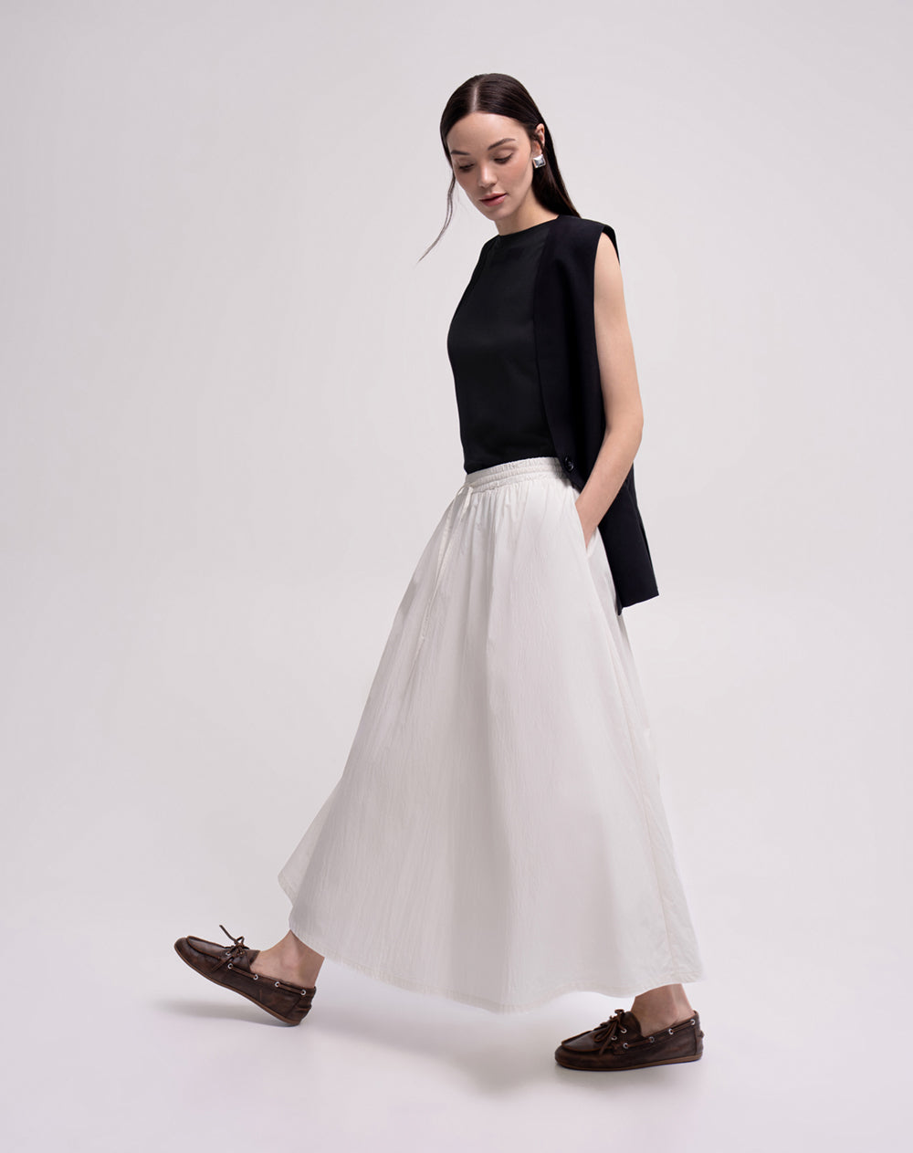 Falda midi amplia tiro alto vainilla mujer