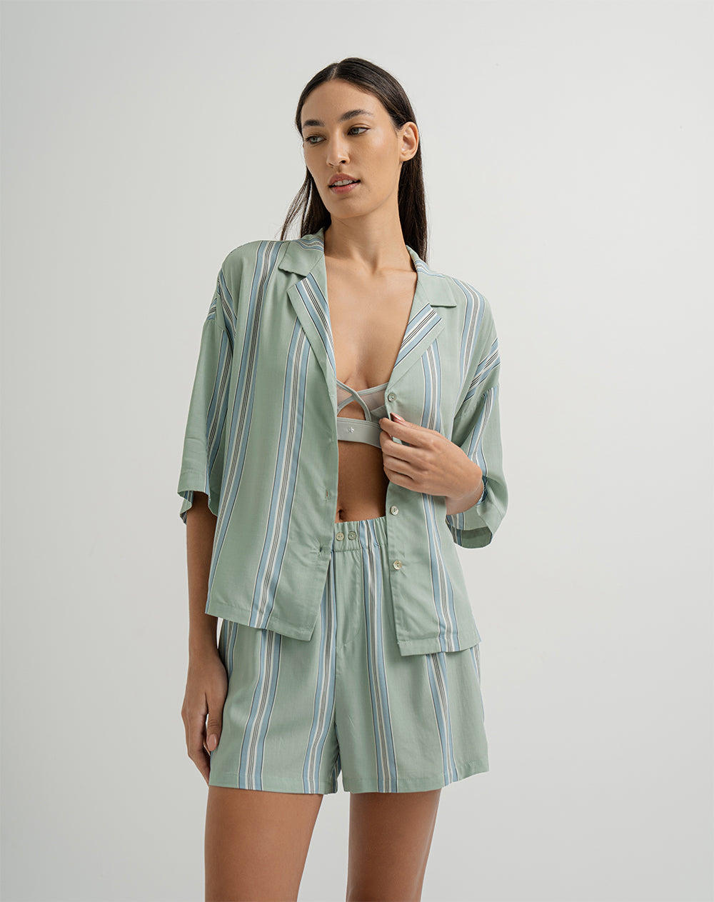 Camisa de pijama mujer viscosa verde rayas