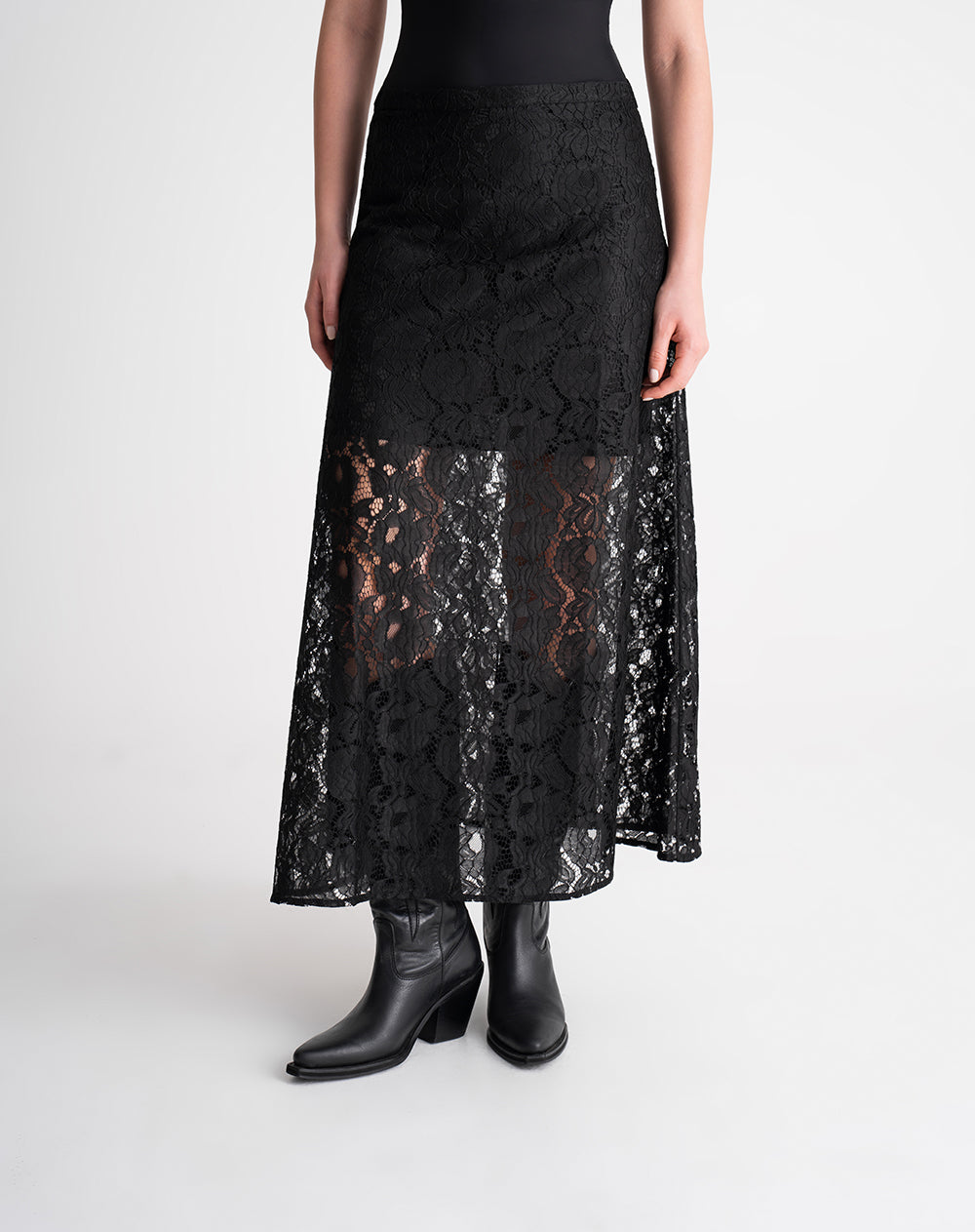 Falda midi tiro alto encaje negro mujer