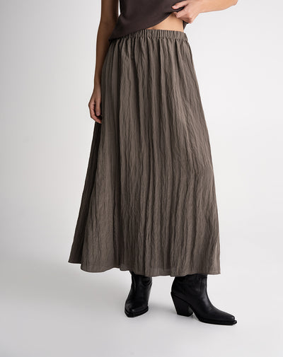 Falda larga tiro alto efecto arrugado café mujer