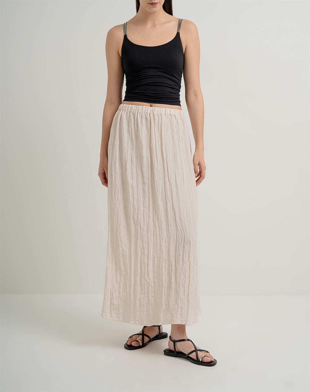 Falda maxi tiro alto efecto arrugado crema mujer