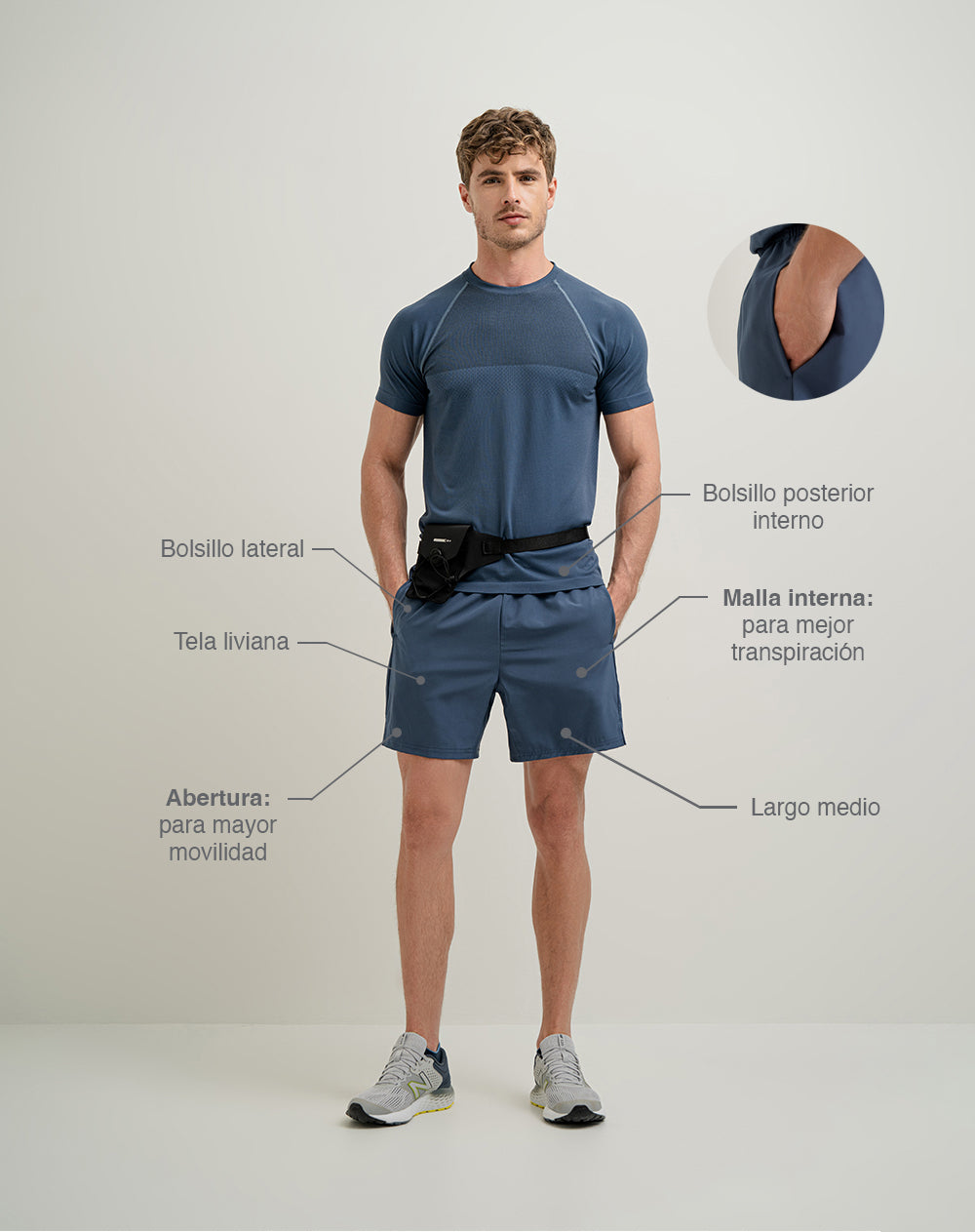Pantaloneta deportiva con malla interna azul para hombre