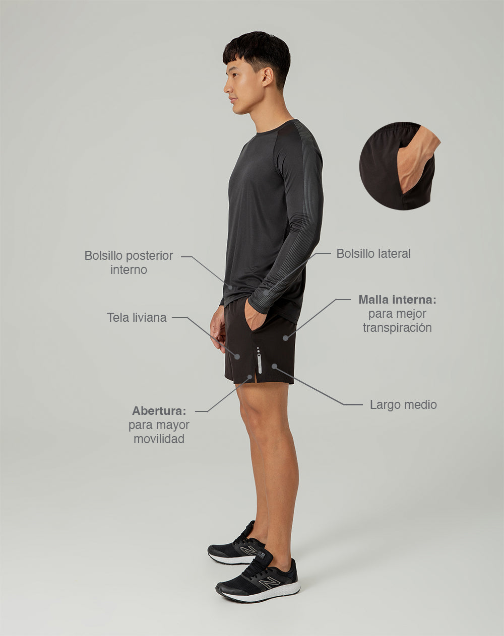Pantaloneta deportiva con malla interna negra para hombre