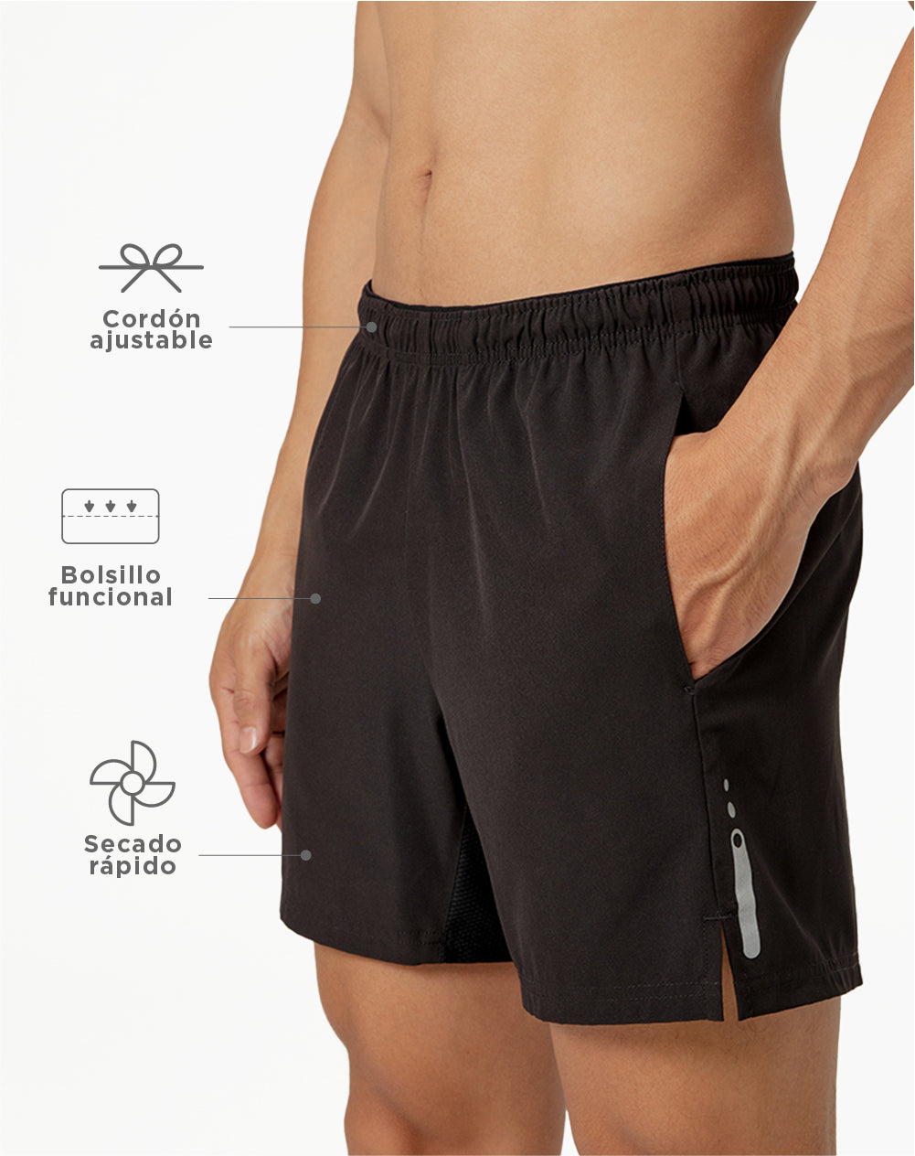 Pantaloneta deportiva con malla interna negra para hombre