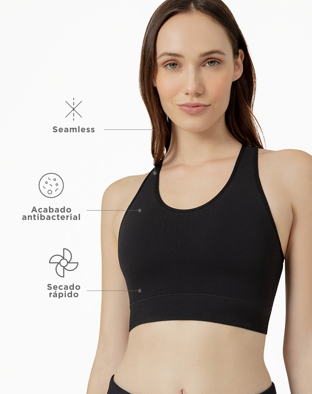Top deportivo soporte alto seamless pocas costuras negro