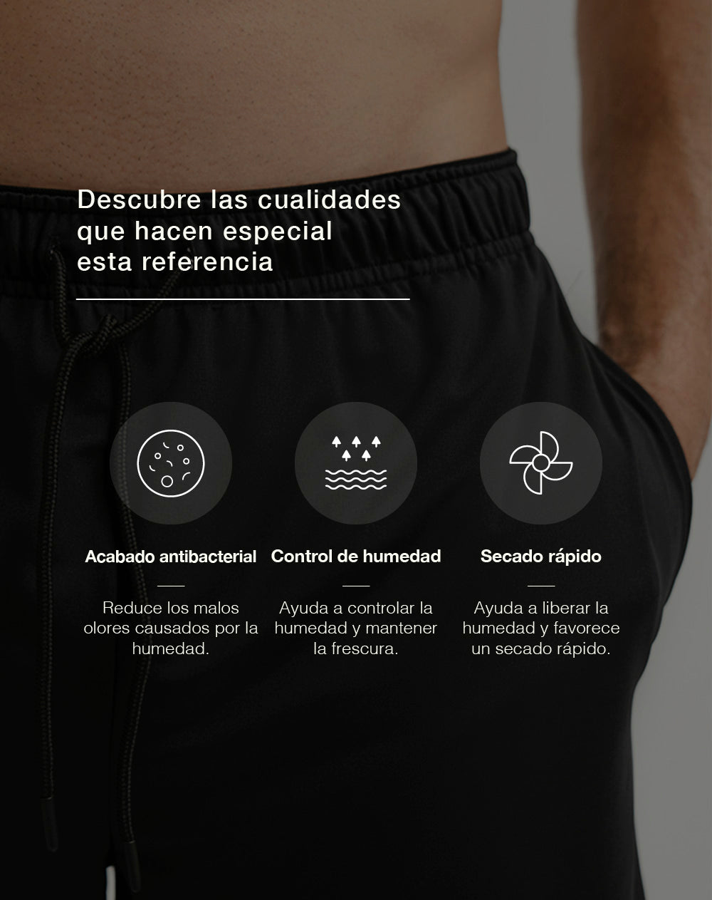Pantaloneta deportiva antibacterial negra hombre