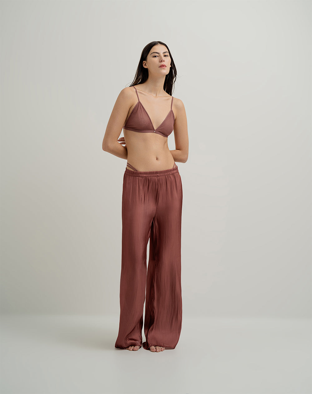 Pantalón de pijama mujer satín largo terracota