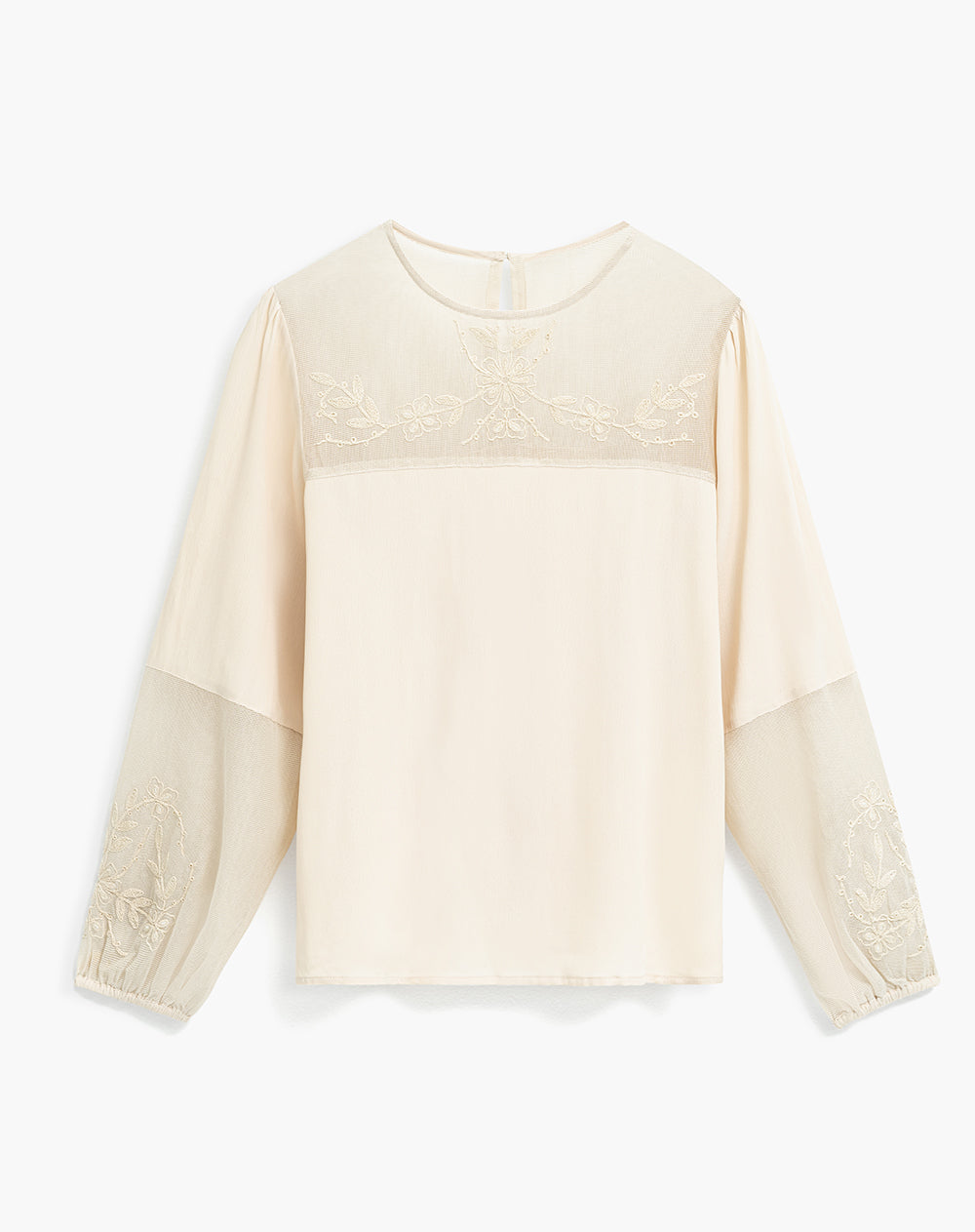 Blusa manga larga encaje bordado beige mujer