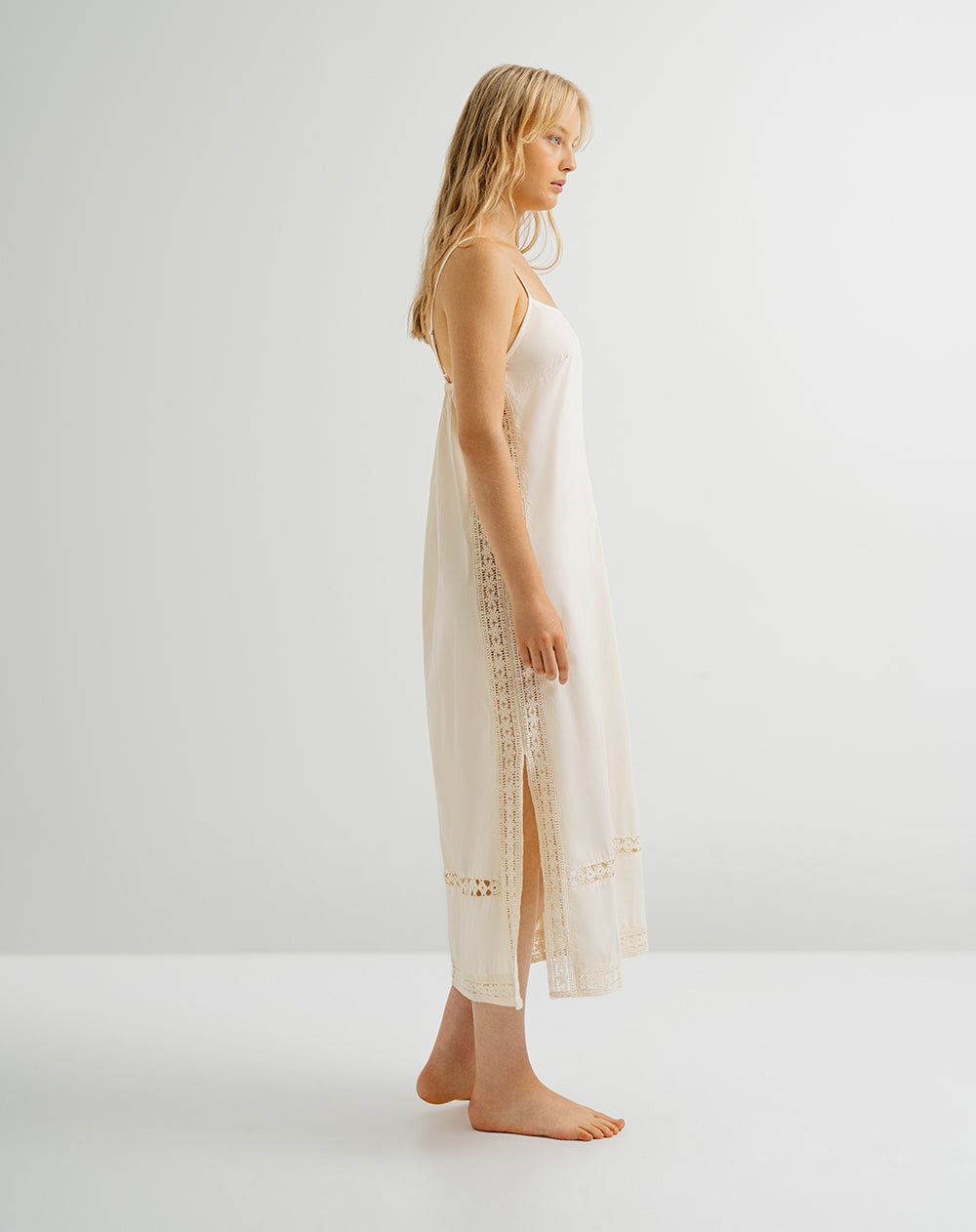 Vestido midi en algodón con encaje crudo mujer