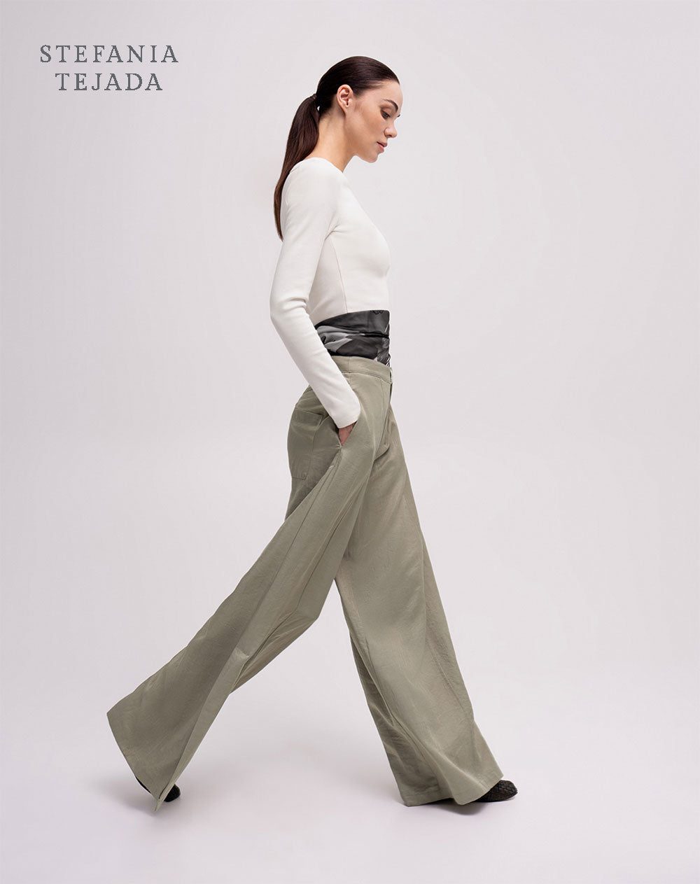 Pantalón wide leg  tiro alto habano Stefania Tejada