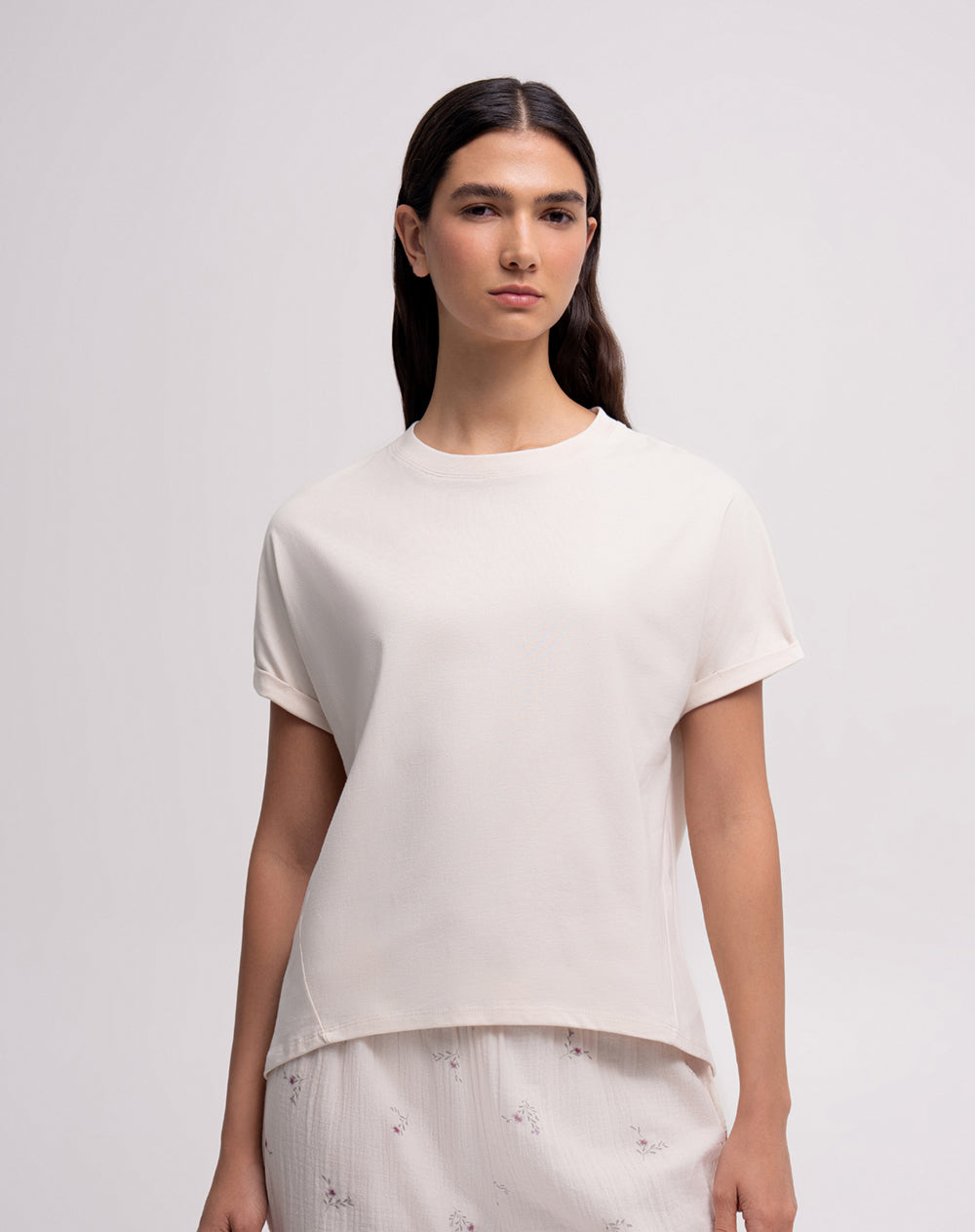 Camiseta holgada algodón manga corta avena mujer