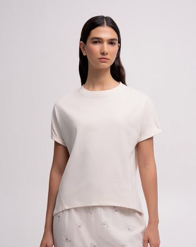 Camiseta oversize algodón manga corta avena mujer