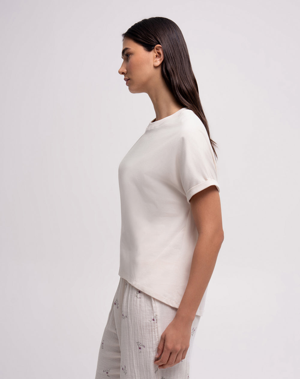 Camiseta oversize algodón manga corta avena mujer