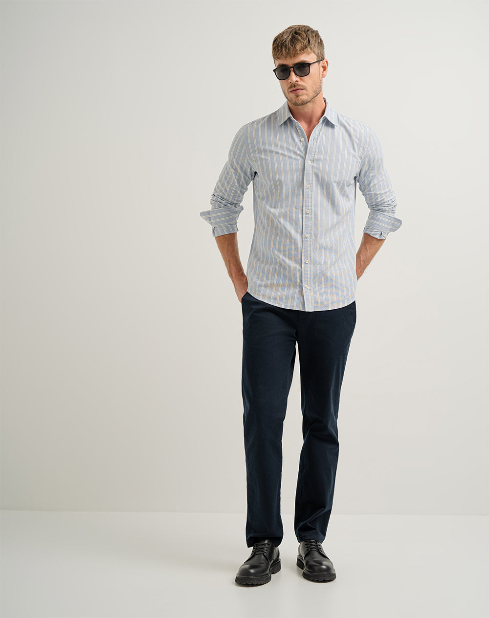 Camisa manga larga regular algodón azul hombre