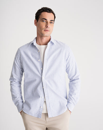 Camisa regular fit manga larga azul con rayas