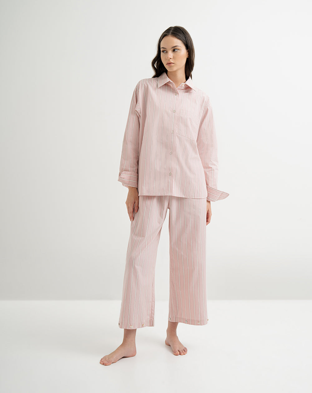Pantalón de pijama mujer algodón largo extensible malva rayas
