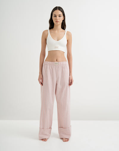 Pantalón de pijama mujer algodón largo extensible malva rayas