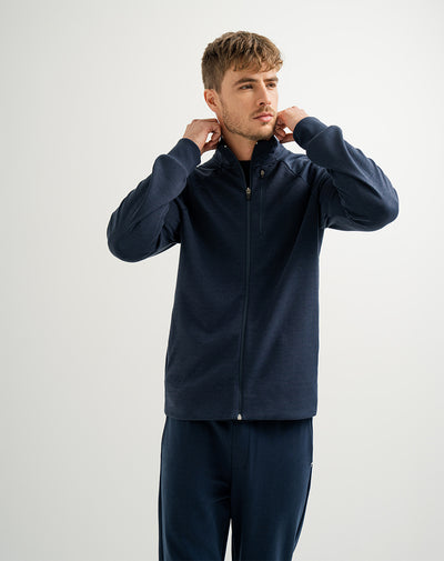 Chaqueta en algodón sostenible cierre en cuello azul oscuro hombre