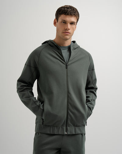 Chaqueta en algodón sostenible con cierre y capucha verde oscuro hombre