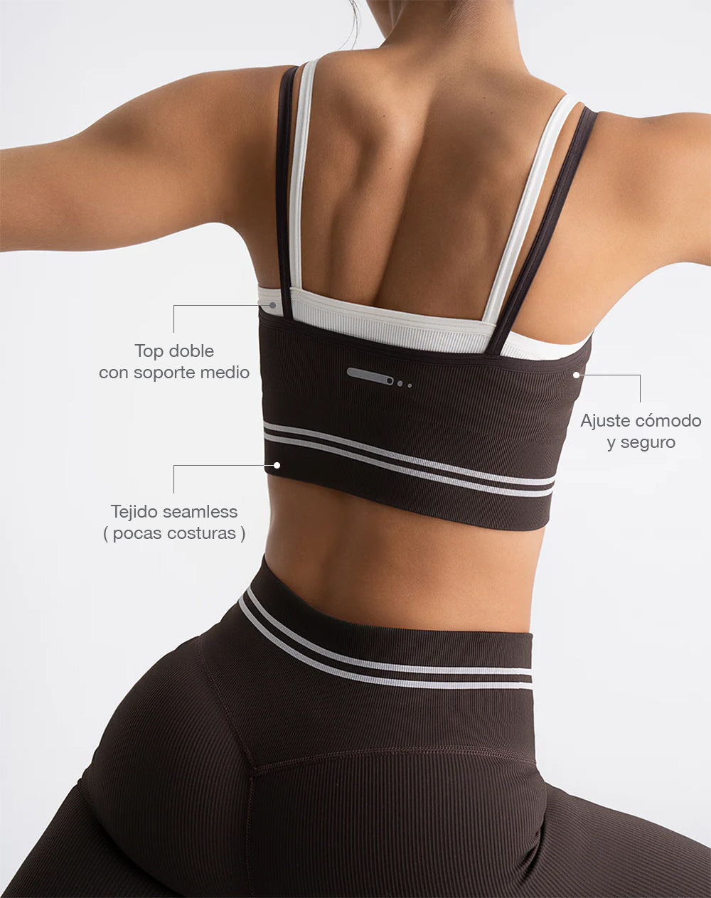 Top deportivo soporte medio doble seamless café