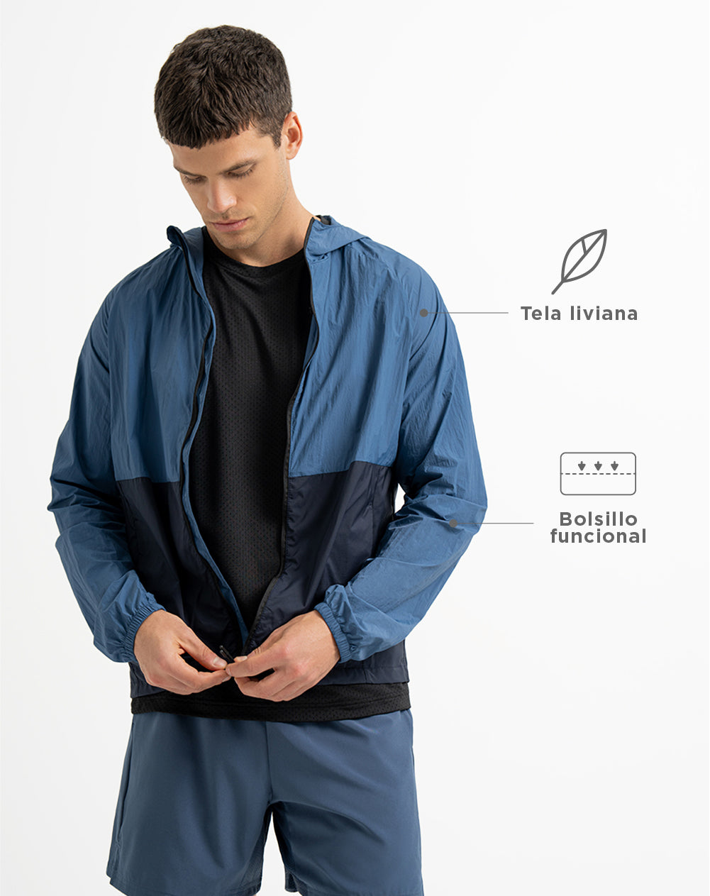 Chaqueta rompevientos con capucha azul para hombre