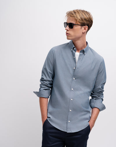 Camisa manga larga slim algodón azul hombre