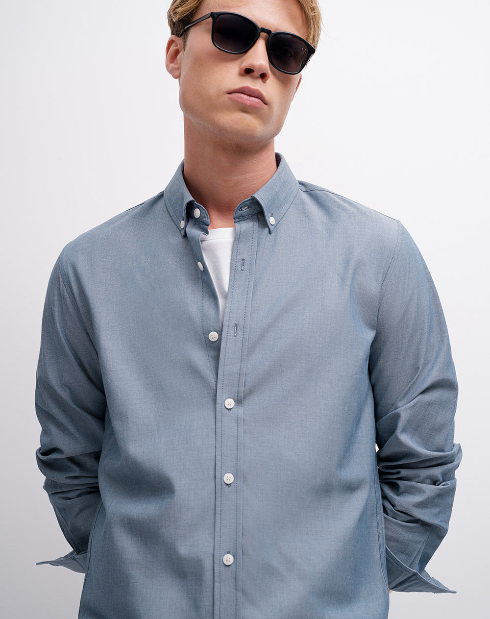 Camisa manga larga slim algodón azul hombre