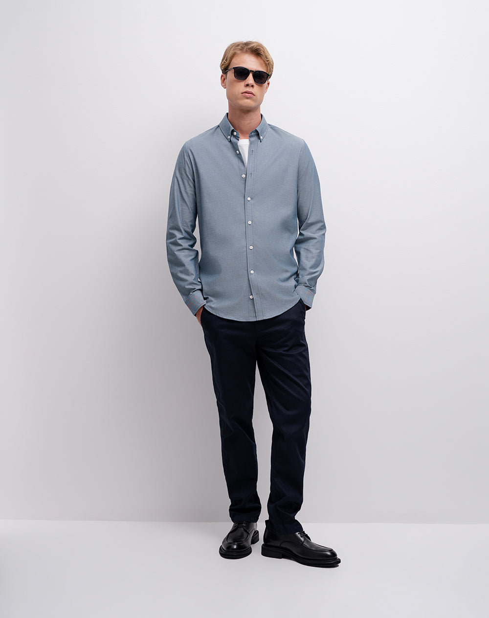 Camisa manga larga slim algodón azul hombre