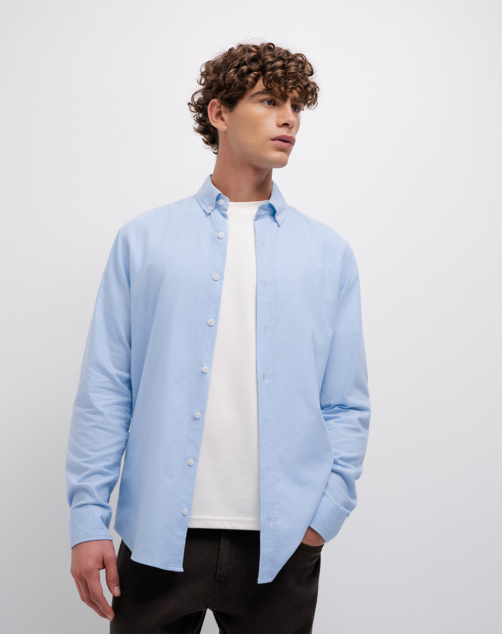 Camisa manga larga slim algodón azul hombre