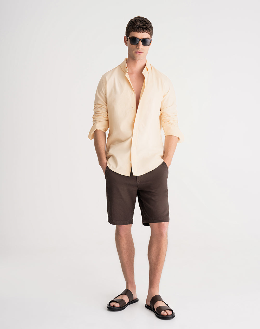 Camisa manga larga regular algodón crema hombre