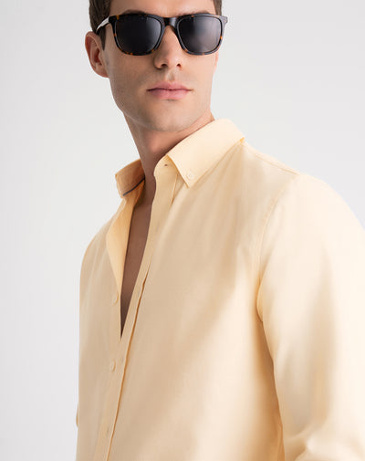 Camisa manga larga slim algodón crema hombre