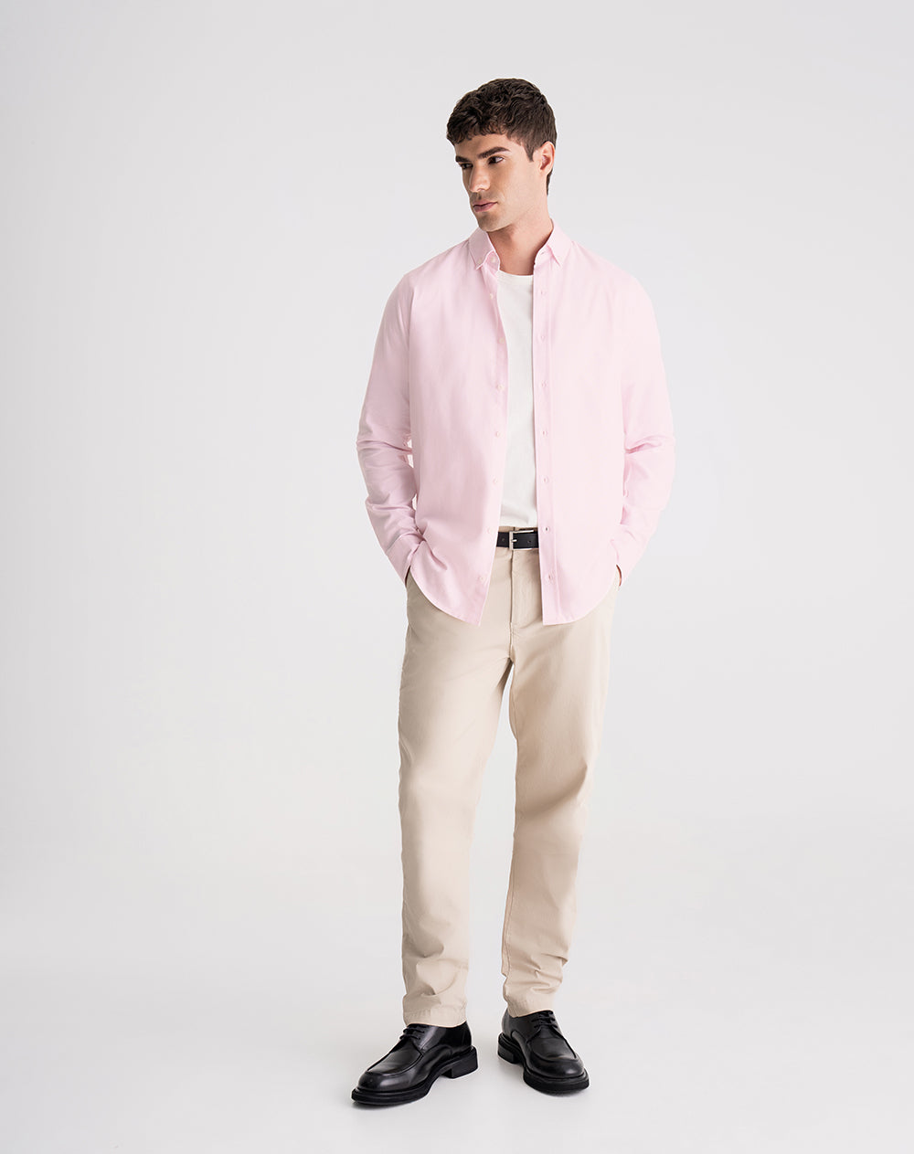 Camisa manga larga regular algodón rosada hombre