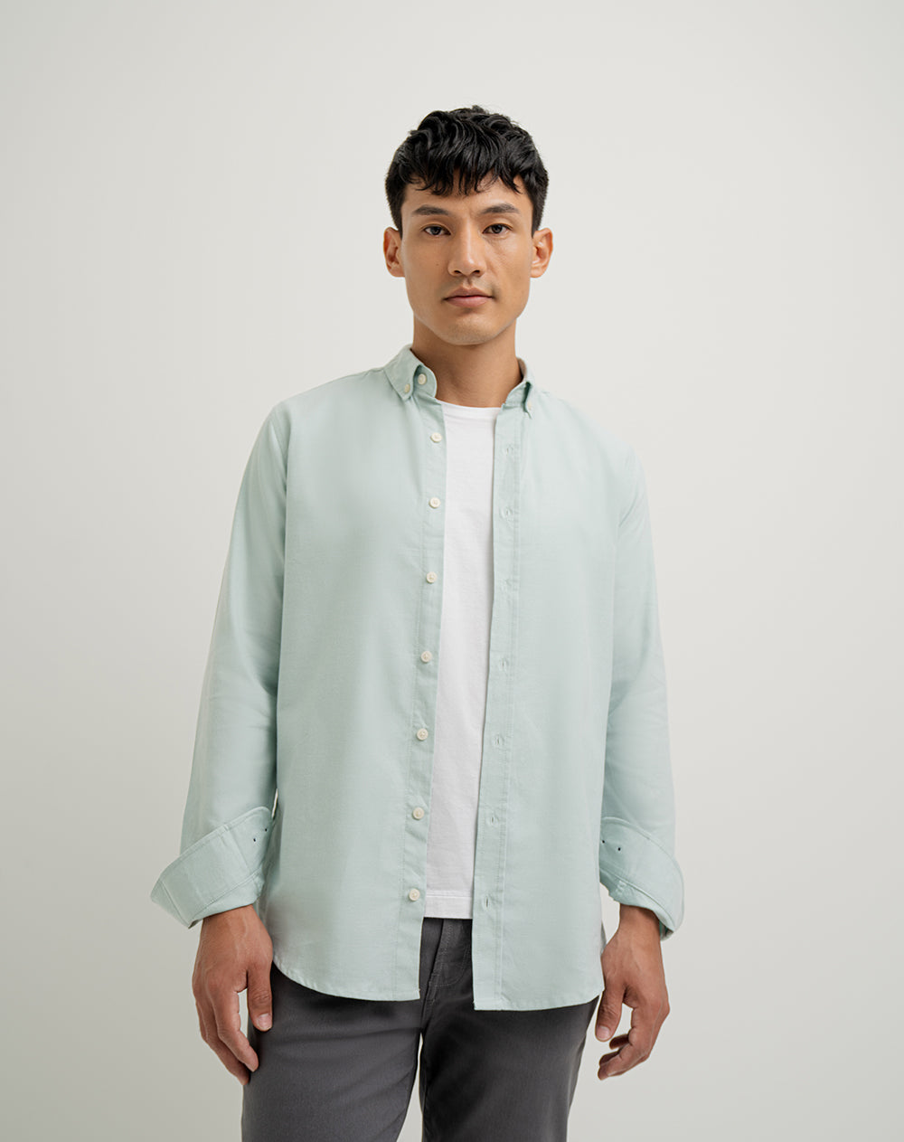 Camisa manga larga regular verde hombre